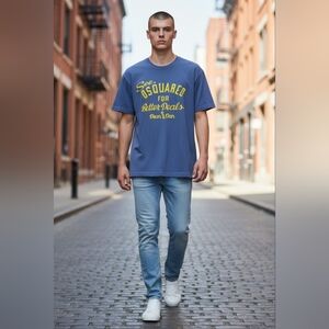 DSquared2 Italian Logo Print Graphic Tee Shirt Blue Vintage Cotton Unisex Luxe